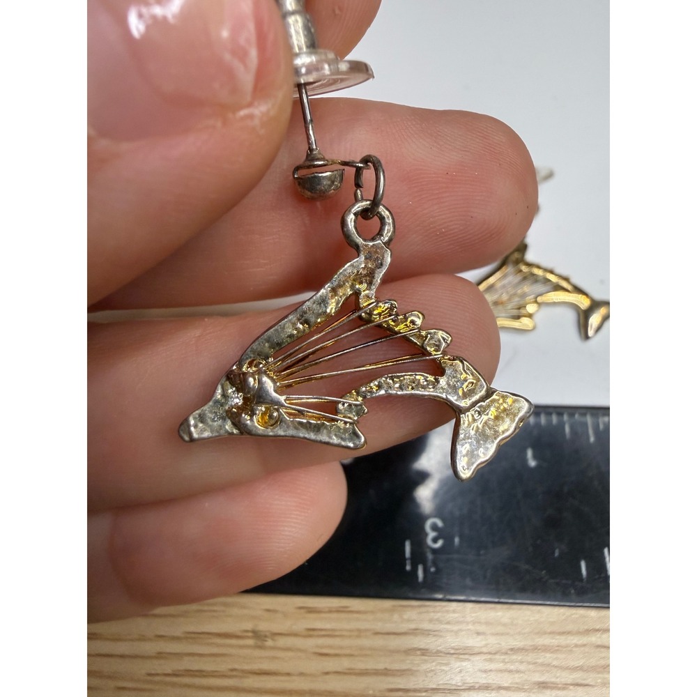 Dolphin Drop Earrings Two Tone Silver Gold Nautical Sea Life Wire Harp Design
